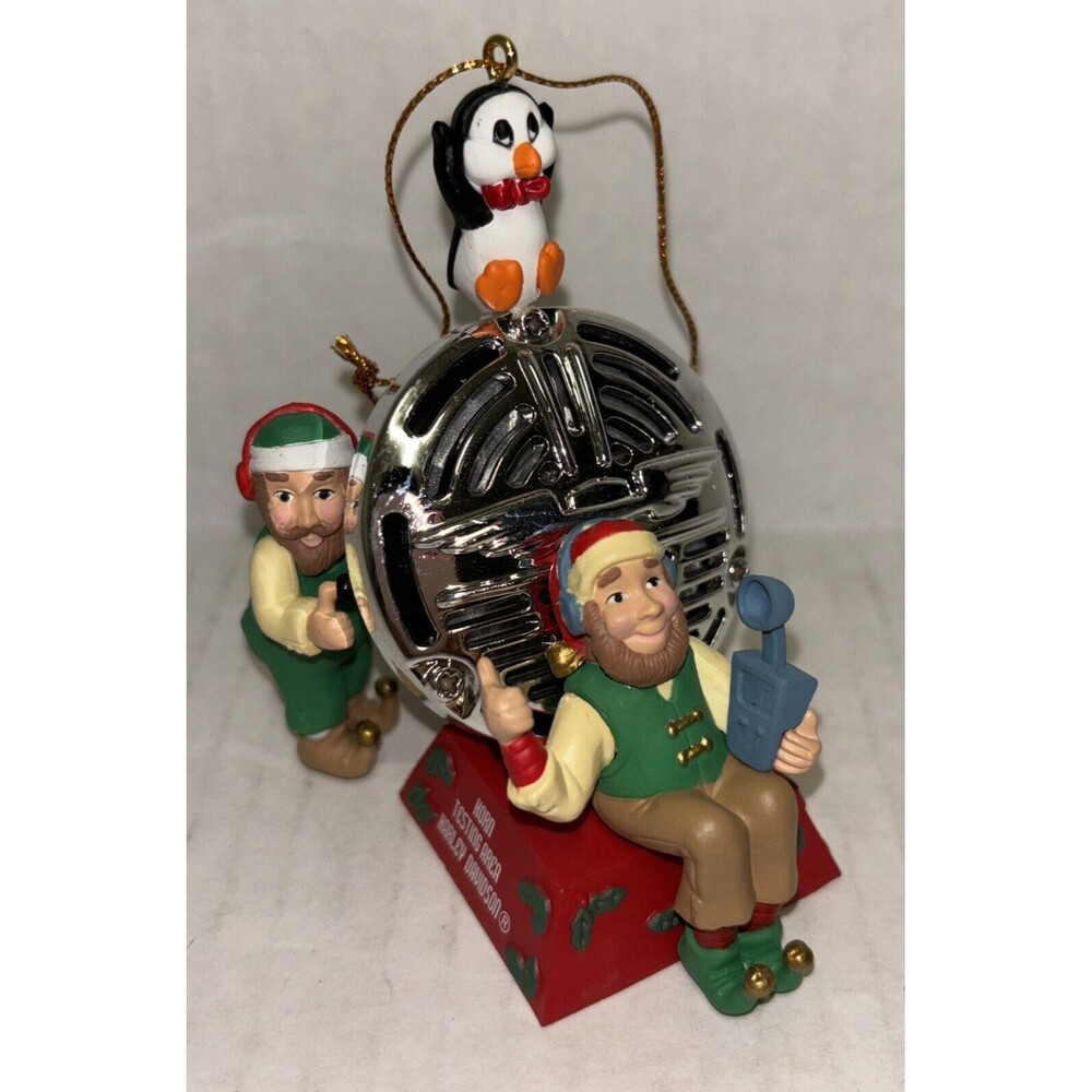 RARE HARLEY DAVIDSON CHRISTMAS ORNAMENT ELVES AND PENDGUIN HORN TEST AREA 1997